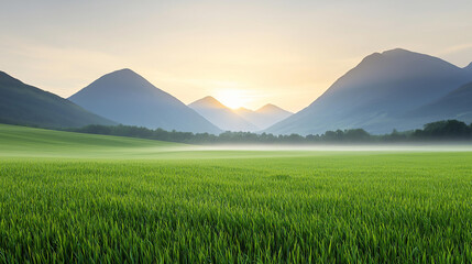 Fototapeta premium Landscape background Lush green valley at sunrise with mist hovering over mountains