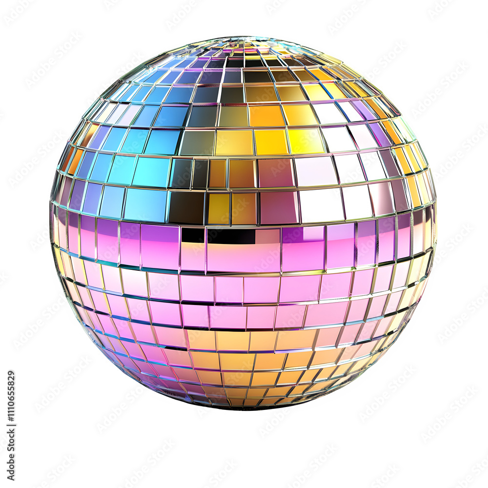 Poster disco ball reflecting colorful lights, spinning and creating a festive atmosphere, isolated on a tra
