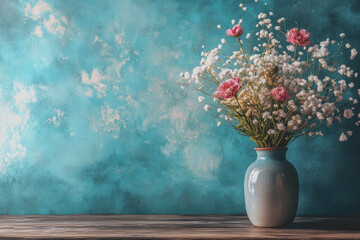 A bouquet in a vase on a wooden table against a turquoise wall background.