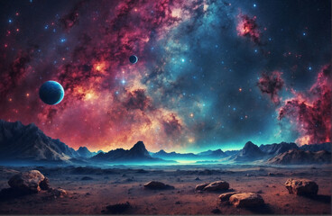 Cosmic landscape with vibrant galaxies and distant planets at twilight