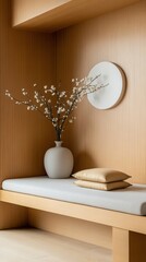 Minimalist Interior Scene with Elegant Fabric Cushion, White Vase, and Cherry Blossom Branches Set Against a Warm Wooden Wall for Tranquil Ambiance