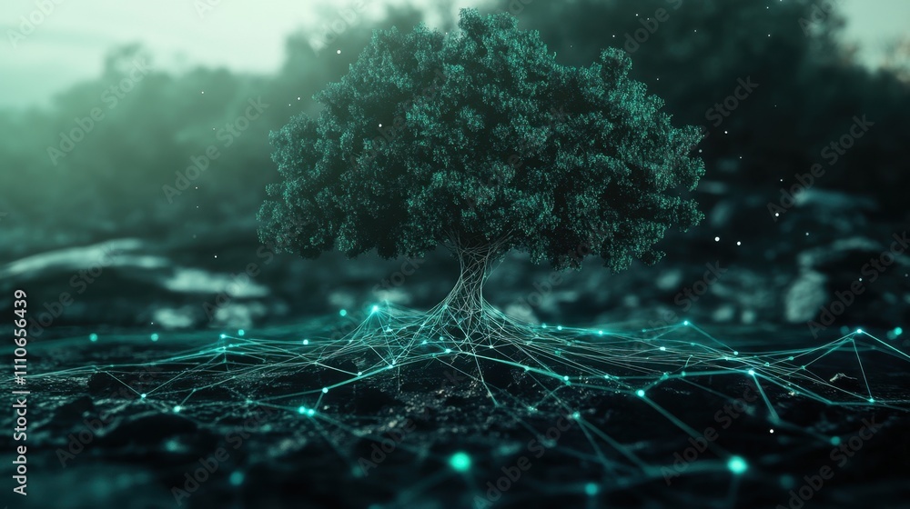 Poster digital roots connected to a network forming a green tree, showcasing sustainable growth in tech.