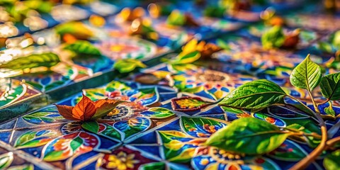 Obraz premium Captivating Tilt-Shift Photography of Colorful Tiles and Delicate Leaves in Nature's Embrace, Perfect for Home Decor and Artistic Inspiration