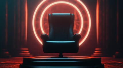 A mysterious, illuminated chair stands against a glowing circular backdrop, creating a dramatic and atmospheric scene.