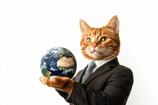 Ginger cat in business suit holding planet Earth globe. Corporate humor concept. Global business metaphor. Leadership and management theme for presentations and marketing materials