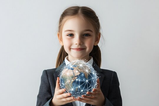 Young student holding glowing digital earth hologram on white background. Global education, future technology, connectivity concept. Elementary school child with modern learning visualization