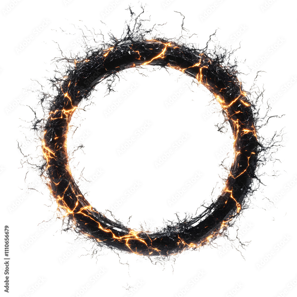 Aufkleber Dark matter circular frame with glowing orange cracks, perfect for graphic design projects, isolated on a transparent background
