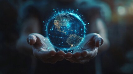 Digital hologram of Earth with glowing connection lines floating above hands. Global network visualization in dark environment. Technology and worldwide communication concept