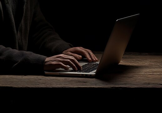 Darkly Lit Person Using Laptop Computer on Wooden Table