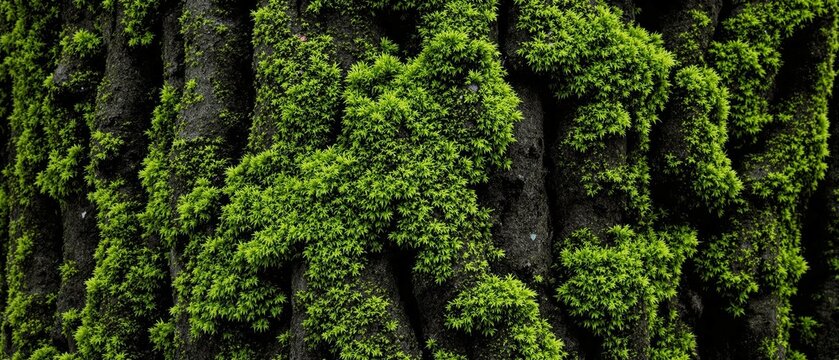 Natural wood texture with green moss symbolizing ecology, freshness and natural beauty, trendy design, wide banner, nature background