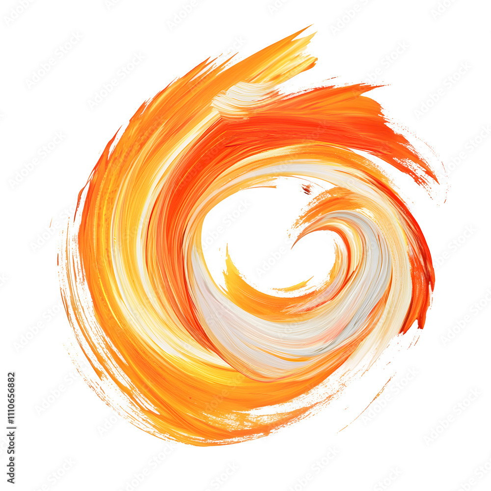 Poster dynamic spiral of orange and white brushstrokes on transparent background, ideal for infusing artist