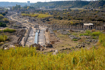 Rows of columns in Perge, Antalya, Turkey. Remains of colonnaded street in Pamphylian ancient...