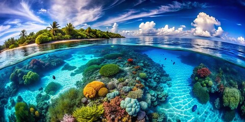 Obraz premium Captivating Underwater View Showcasing the Sea Surface, Seabed, and Clear Blue Sky Above, Perfect for Marine Life and Ocean Exploration Themes