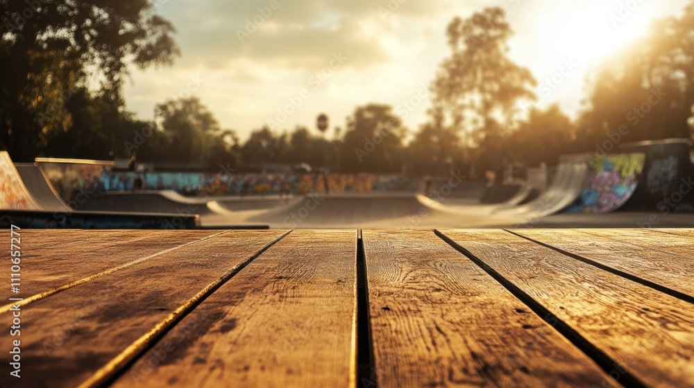 Poster empty wooden table close-up with a hazy view of a vibrant skateboarding park filled with activity.