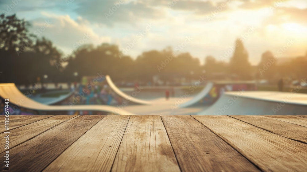 Poster empty wooden table close-up with a hazy view of a vibrant skateboarding park filled with activity.