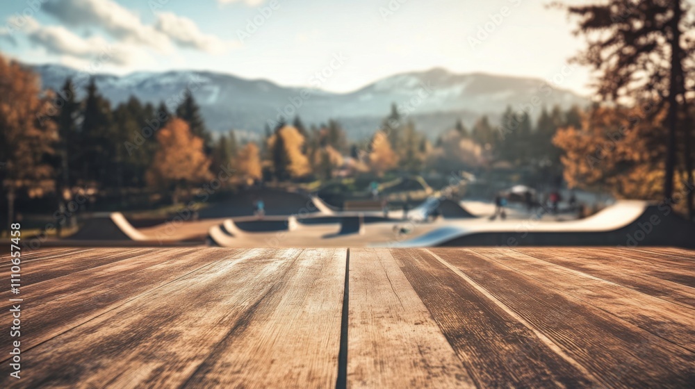 Poster empty wooden table close-up with a hazy view of a vibrant skateboarding park filled with activity.