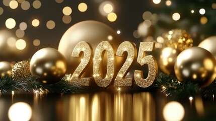 Year 2025 in gold glitter with Christmas ornaments and lights in the background