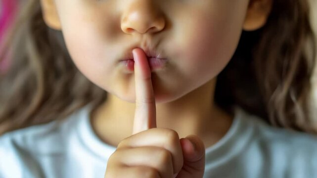 Close up of a child making a silence gesture with fingers, commanding silence and keeping quiet.
