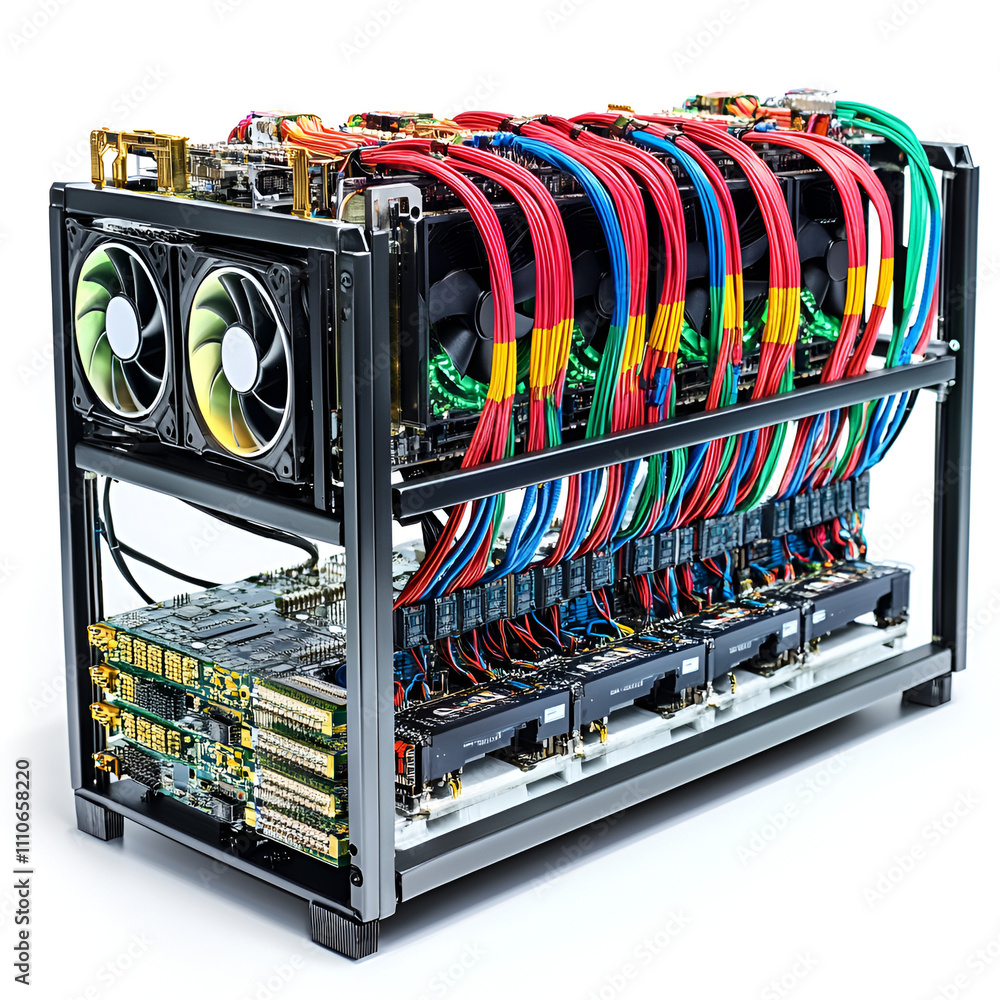 Aufkleber high-performance mining rig setup tech lab equipment showcase indoor space close-up view advanced cr