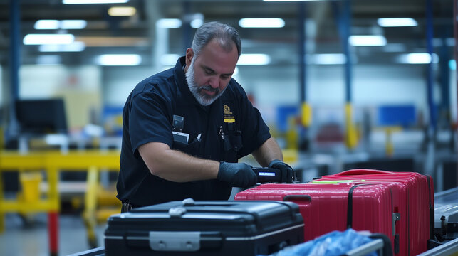 Security personnel meticulously inspecting luggage at airport checkpoint, ensuring safety and compliance with travel regulations. The scene emphasizes the importance of thoroughness in maintaining pub