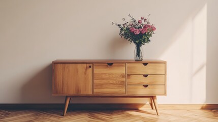 Modern wooden sideboard with flowers in sunlight.
