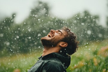 Joyful celebration of rain in a lush green landscape with a man reveling in the refreshing downpour