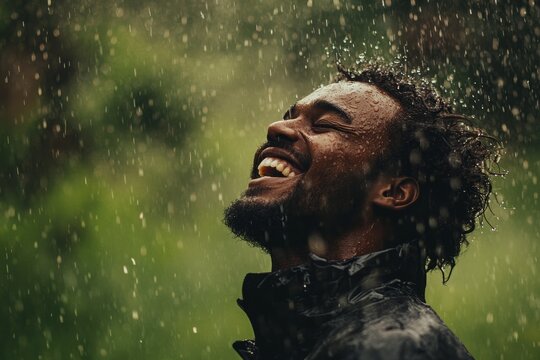 Joyful man embracing the rain, celebrating nature\'s beauty, and feeling alive amidst the refreshing downpour in a lush green environment
