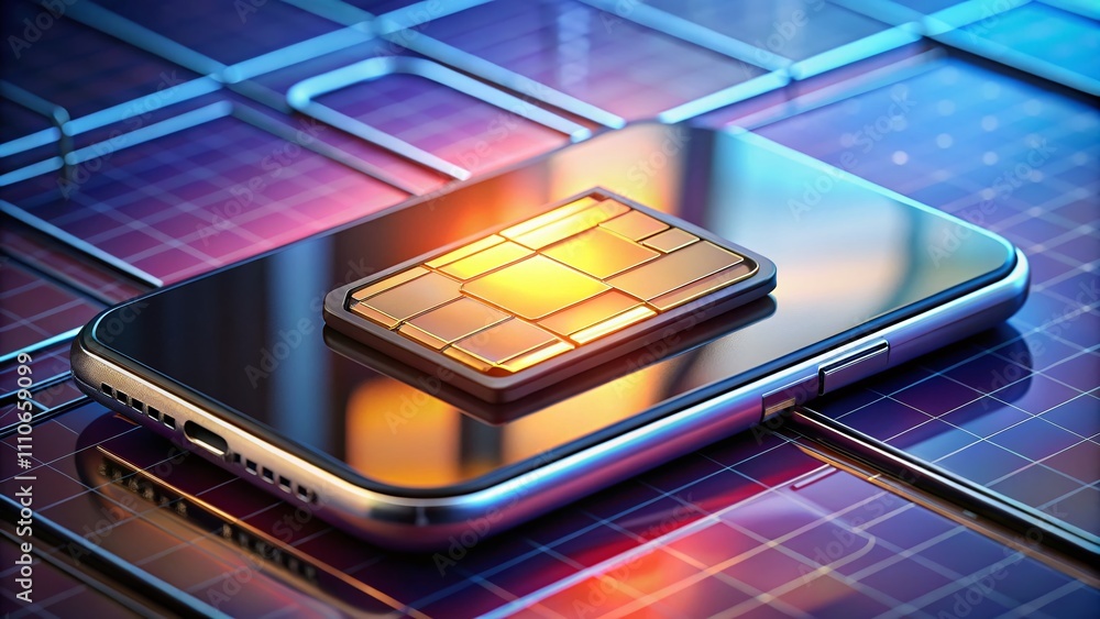 Poster capturing the digital age: a 3d render of a sim card on a mobile device showcasing technology and co