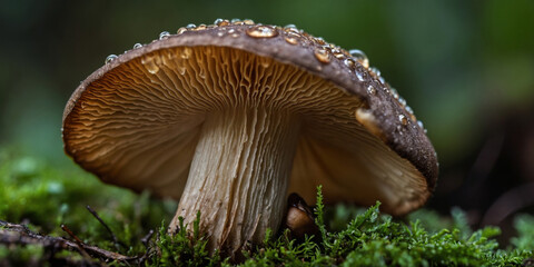 Fototapeta premium Mushroom with dew on its cap in a lush green forest setting