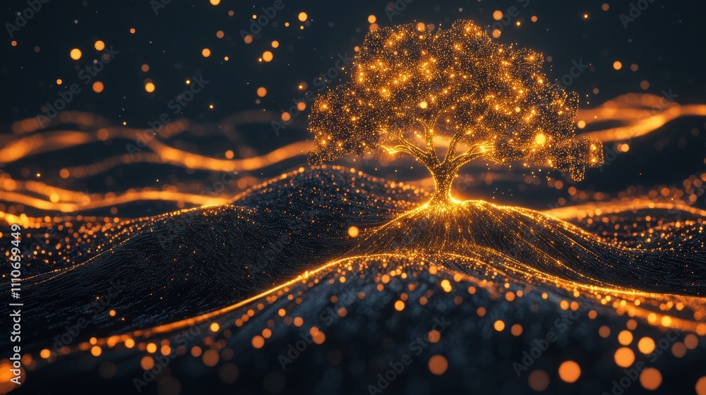 Poster glowing lines of data converging into a tree, illustrating the organic growth of an internet startup