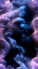 There is a gradient of blue and purple in the background, swirling white powder that has a blue glow.