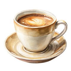 watercolor illustration of  coffee in white cup and plate isolated on transparent background