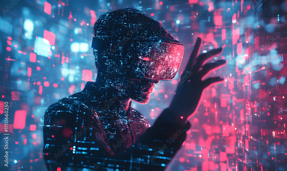 Poster man immersed in virtual reality, futuristic cityscape overlaid on his form, interacting with digital