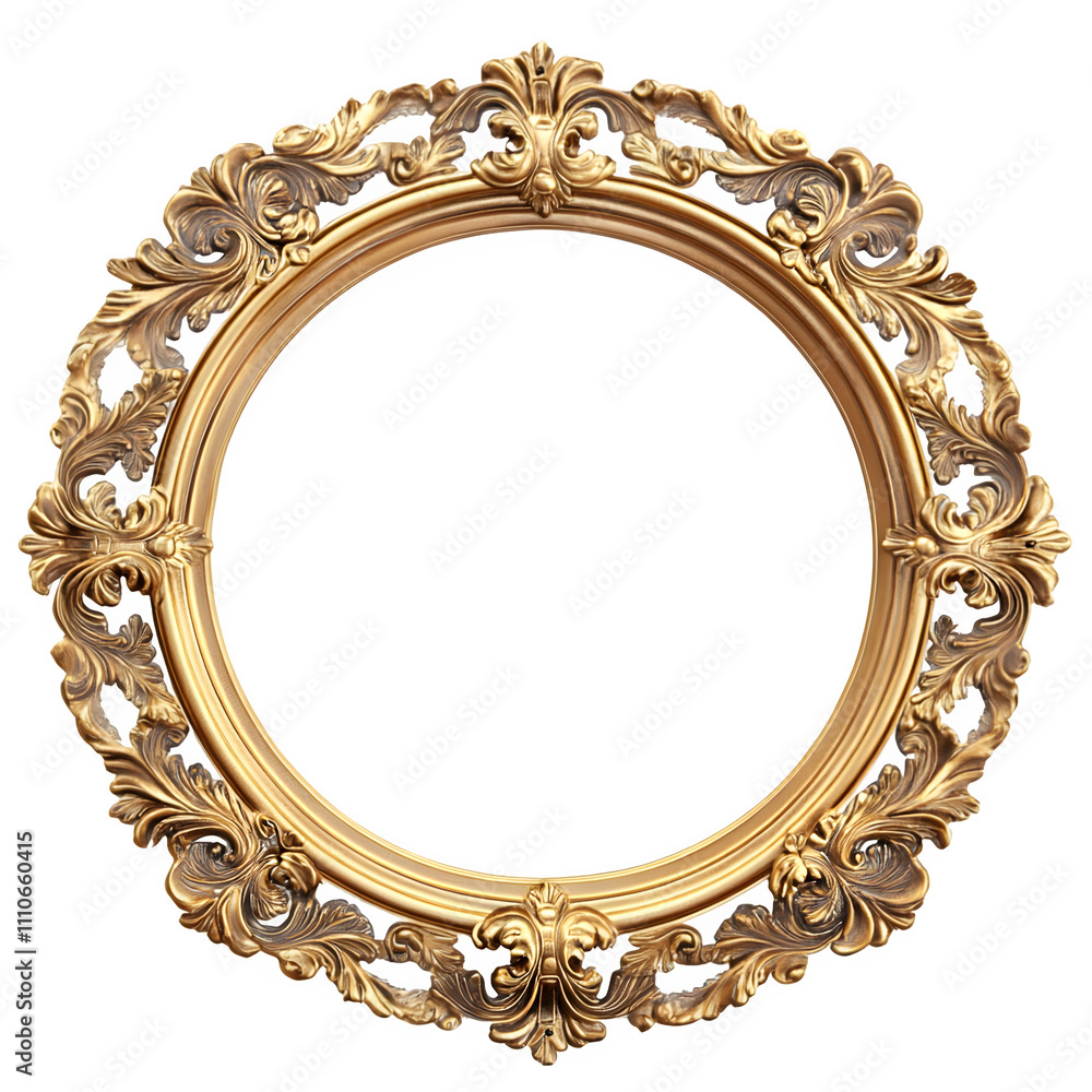Poster elegant round golden frame with intricate baroque design, featuring acanthus leaves and floral patte
