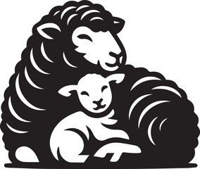 A sheep cuddled up with a lamb looking nurturing silhouette vector