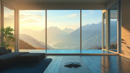 A 3D rendering of a modern living room showcasing expansive windows that frame breathtaking views of majestic mountains, a serene ocean, and a sparkling pool