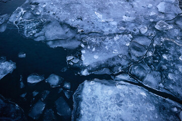 Ice floes in the water. Abstract nature background.