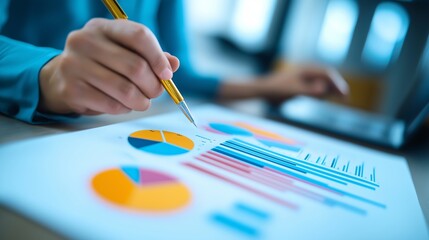 Close-up of a hand analyzing financial data on a report with colorful charts and graphs, showcasing productivity and planning.