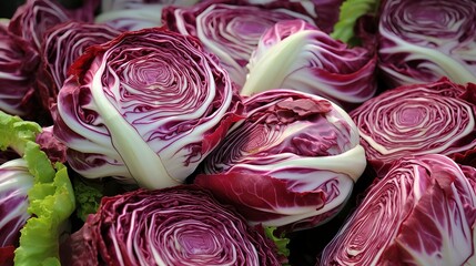 Obraz premium A photo of a display of colorful radicchio at the farm