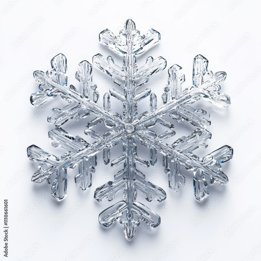 Poster 3d crystal snowflake isolated against a white backdrop, with intricate frost patterns, shimmering ef