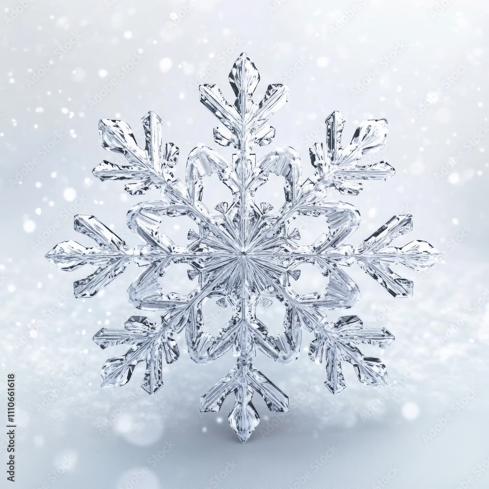 Poster 3d crystal snowflake isolated against a white backdrop, with intricate frost patterns, shimmering ef