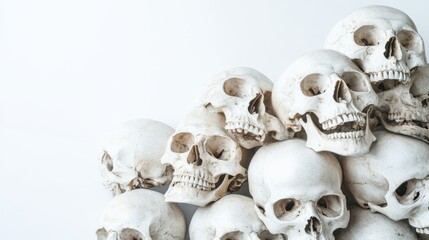 Pile of human skulls viewed from the side, intricately arranged on a stark white canvas.