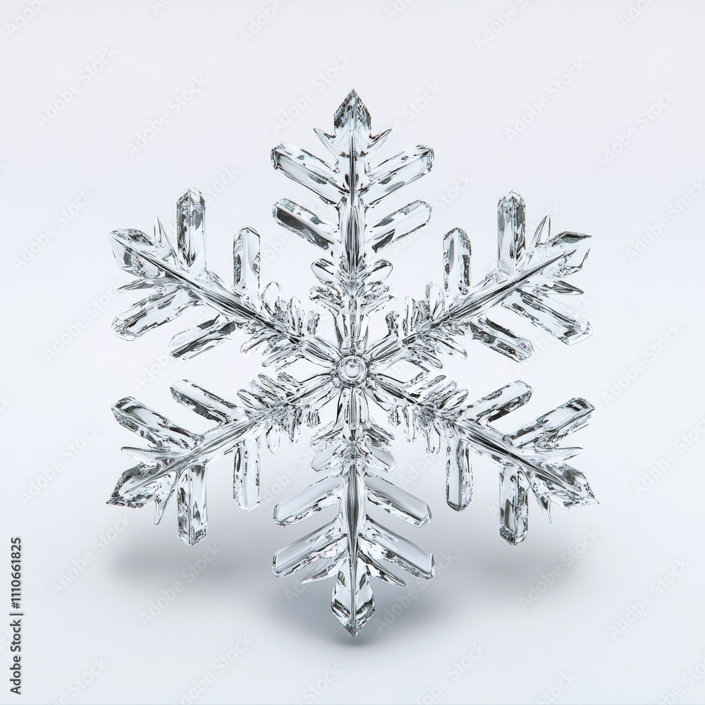 Poster 3d crystal snowflake isolated against a white backdrop, with intricate frost patterns, shimmering ef