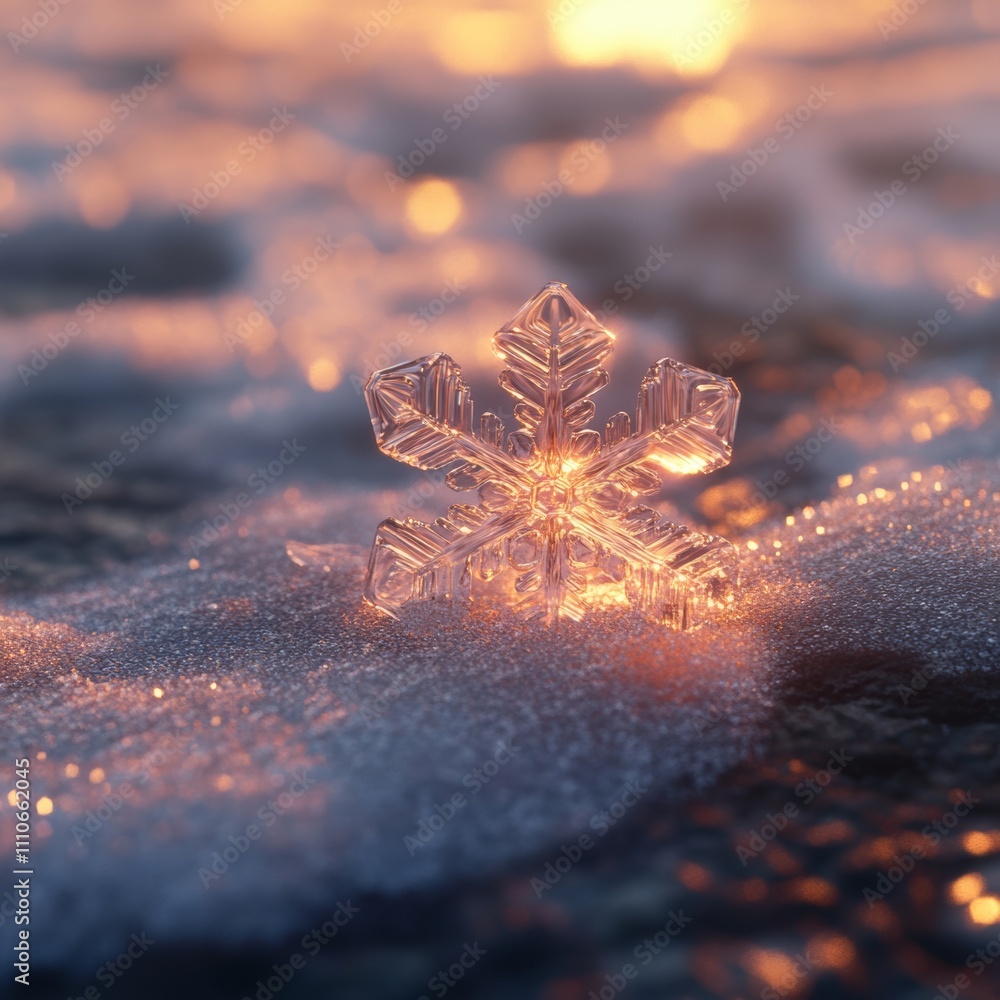 Poster a single ice snowflake resting on a snow-covered surface, clear and detailed, with a subtle glow hig