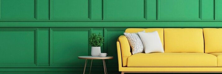 elegant living room with a mustard yellow sofa and coffee table, wooden panels and leaves on wall background