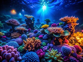 Obraz premium Closeup Night Photography of a Vibrant Coral Reef Teeming with Colorful Details Beneath the Ocean Surface, Showcasing the Beauty of Marine Life and Underwater Ecosystems