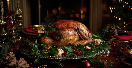 Festive Roast Turkey with Holiday Decorations. AI generated illustration.