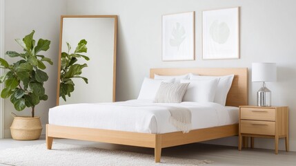 Fototapeta premium A modern bedroom with white walls, light wood furniture, and large mirrors. The bed is made of natural oak, the bedside tables have silver accents, and there's an indoor plant in front of it.