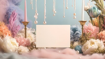 Blank mockup template of an invitation card surrounded by surreal silk flowers, candle holders exuding color mist, and pearls suspended in the air like whispers.