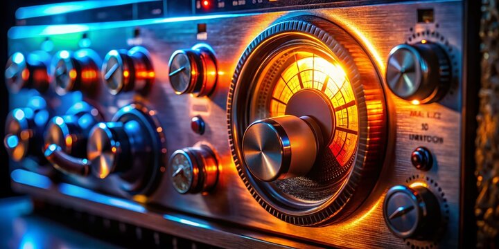 Close-up Night Photography of a Tuning Dial on a Shortwave Ham Radio with Glowing Indicators and Rich Textures in a Dark Setting
